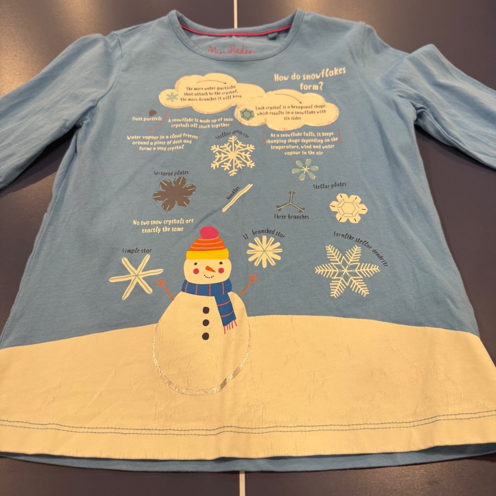 Size 6-7 Mini Boden Fun Facts Shirt in Surfboard Blue Snowflakes. - Picture 3 of 12